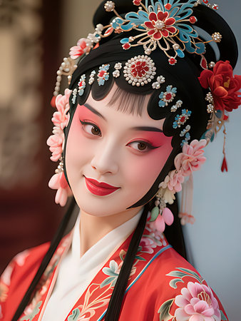 Portrait of a beautiful geisha in traditional kimono.の写真素材