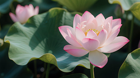 Lotus flower blooming in the pond with green leaves background.の写真素材