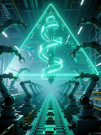 3d rendering of robot arm in futuristic space with neon light signの写真素材