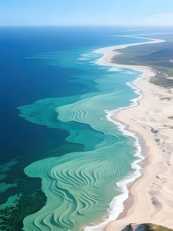 Aerial view of the sea and the sandy beach. Beautiful seascape.