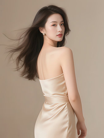 Beautiful asian woman in beige dress with flying hair.の写真素材