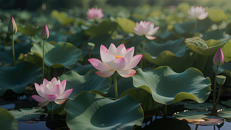 Lotus flower blooming in the pond with green leaves and sunlight.の写真素材