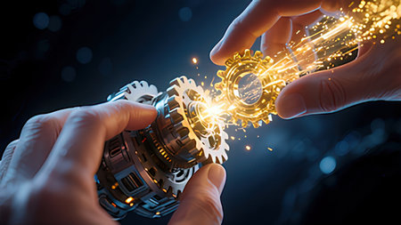 Close up of human hands holding gears and cogwheels 3D renderingの写真素材