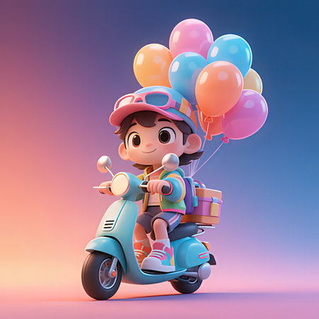 3D Render of a Little Boy riding a scooter with balloonsの写真素材