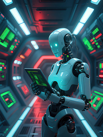 3d rendering humanoid robot with laptop in the dark futuristic spaceship interiorの写真素材