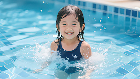 Portrait of asian little girl in swimming pool with water splashの写真素材