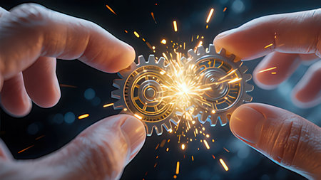 Close up of human hands holding cogwheels on dark background 3D renderingの写真素材