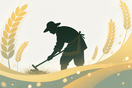 Silhouette farmer working on wheat field. Vector Illustration.の写真素材
