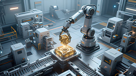 3d rendering robotic arm working on a circuit board in a factoryの写真素材