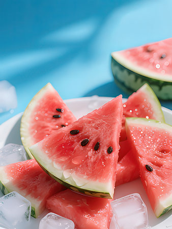 Watermelon slices with ice cubes on a blue background, closeup