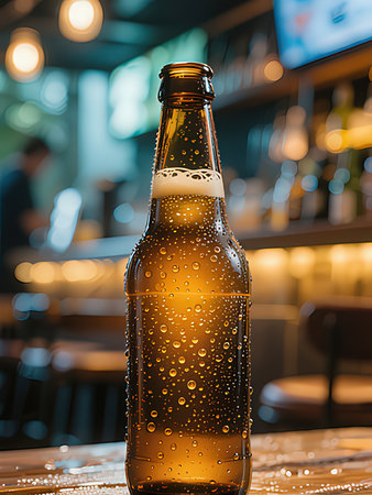 Bottle of beer on a table in a pub. Close-upの写真素材