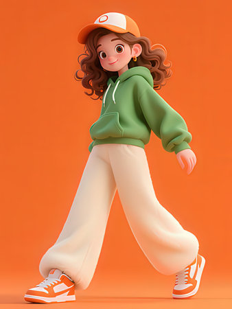 3D Illustration of a Cute Little Girl with Long Curly Hairの写真素材