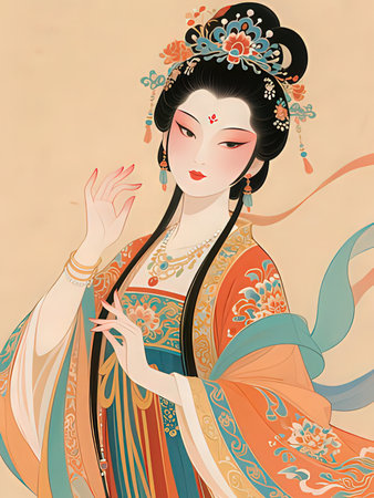 Beautiful asian woman in oriental dress. Vector illustration.のeditorial素材