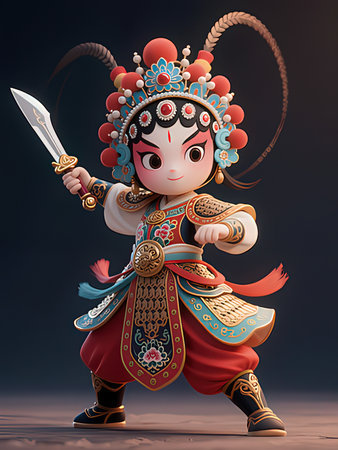 Cute little chinese girl in traditional costume holding a sword.の写真素材