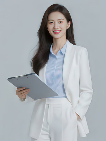 Portrait of young businesswoman with clipboard, isolated on gray backgroundのeditorial素材