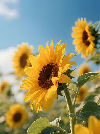 Sunflower field with blue sky background. Sunflowers blooming in summer.の写真素材