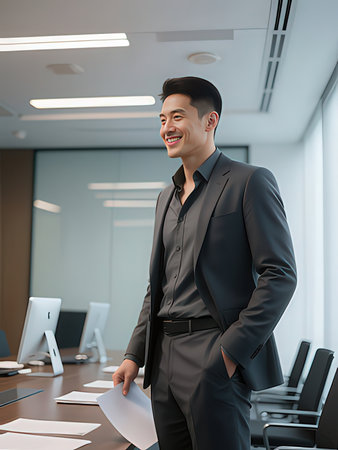 smiling asian businessman standing in office and looking at camera with smile