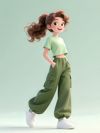 3D Illustration of a Teenage Girl Wearing Green Jeansの写真素材