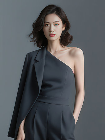 Fashion portrait of young beautiful asian woman in black dress.の写真素材