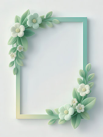 Abstract floral frame with green leaves and white flowers. Vector illustration.
