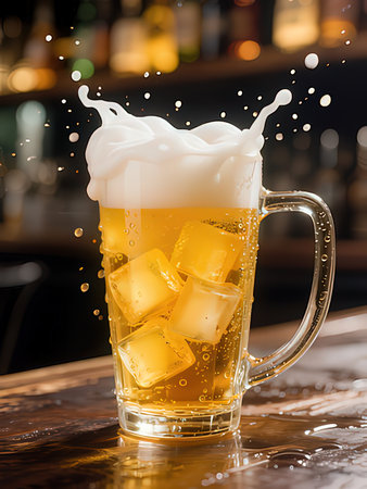 cold beer splashing out of a beer mug on a bar counterの写真素材