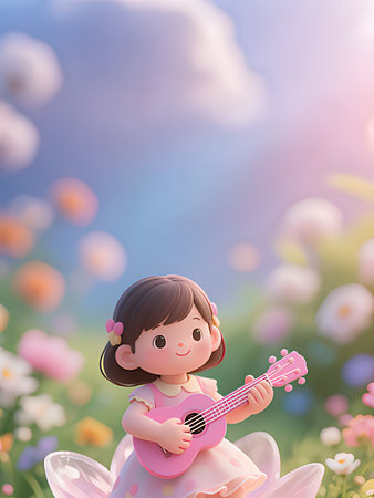 Little girl playing ukulele in the meadow with flowers
