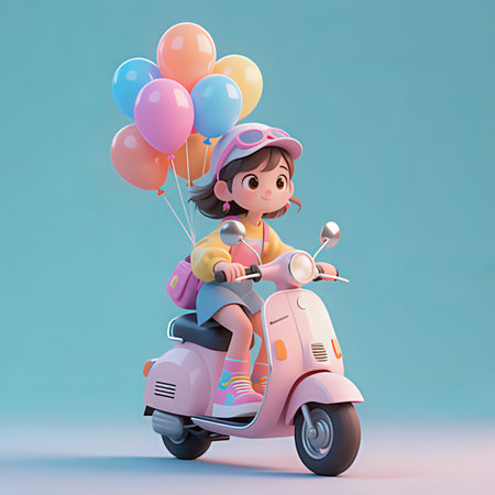 3D Illustration of a Little Girl Riding a Scooter with Balloons