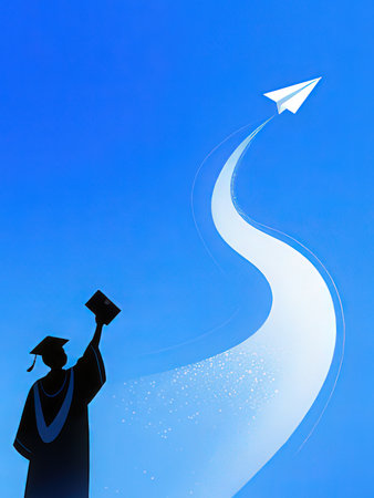 Graduate with diploma and paper plane on blue sky background, illustrationの写真素材