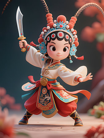 Cute cartoon chinese girl in traditional costume with sword.の写真素材