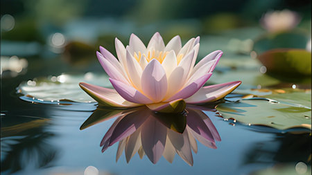 Beautiful water lily in a pond with reflections on the surfaceの写真素材