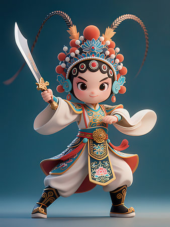 Kung fu girl with katana sword. 3D illustration.の写真素材