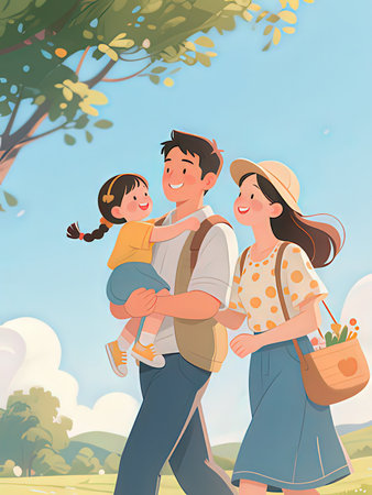 Happy family walking in the park. Father, mother and daughter.の写真素材