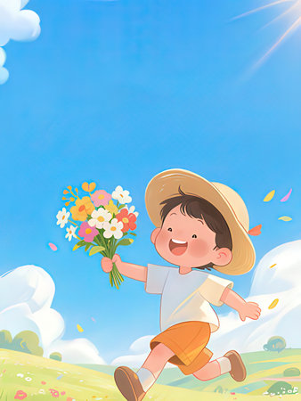 Illustration of a Cute Boy Holding a Bouquet of Flowersの写真素材