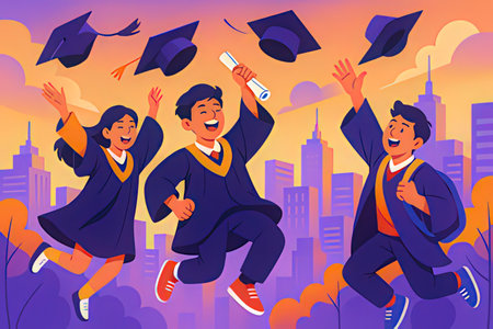 Happy students jumping in the air. Graduation day vector illustration.の写真素材