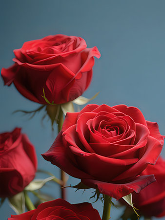 Beautiful red roses on blue background. Shallow depth of field.の写真素材