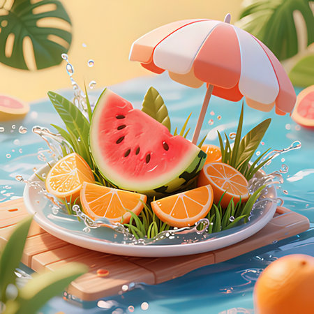 Watermelon, orange, lemon, watermelon and umbrella on the beachの写真素材