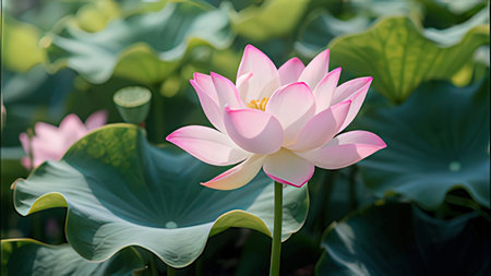 Lotus flower blooming in the pond with green leaves background.の写真素材