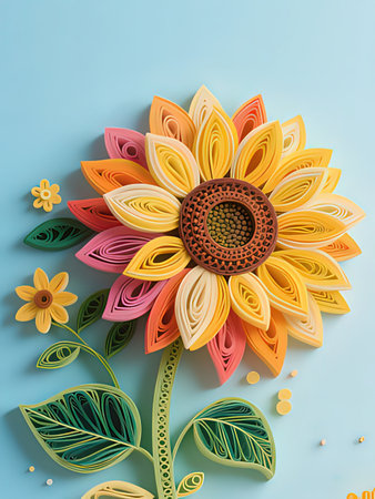 Paper cut sunflower on blue background. 3D illustration. Top view.の写真素材