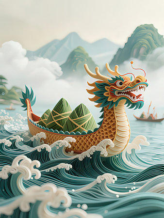 Dragon boat in the sea with mountain background, 3D illustration.の写真素材