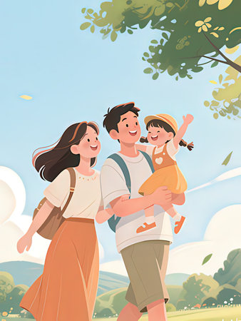 Happy family walking in the park. Vector illustration in cartoon style.の写真素材