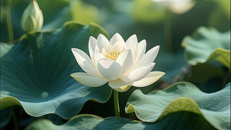 White lotus flower blooming in the pond with green leaves.の写真素材