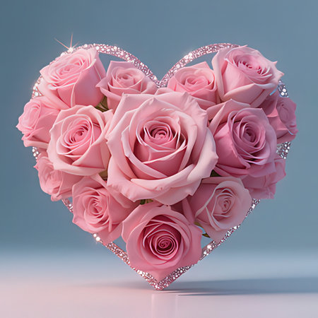 Pink roses in a heart shape on a blue background. 3d rendering