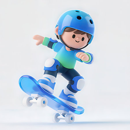 3d render of a boy riding a skateboard on a white backgroundの写真素材