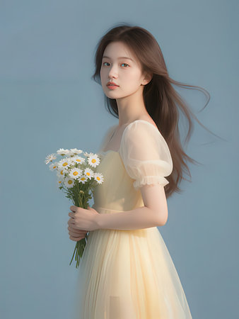 Portrait of a beautiful young woman with a bouquet of daisiesの写真素材