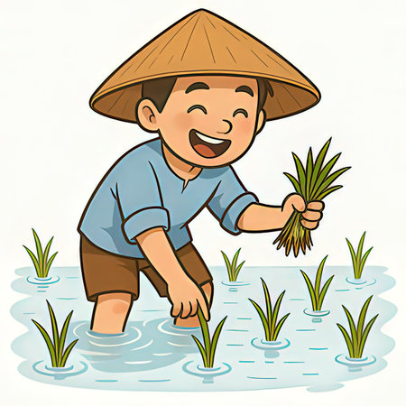 Illustration of a Kid Boy Wearing a Paddy Field Hatの写真素材