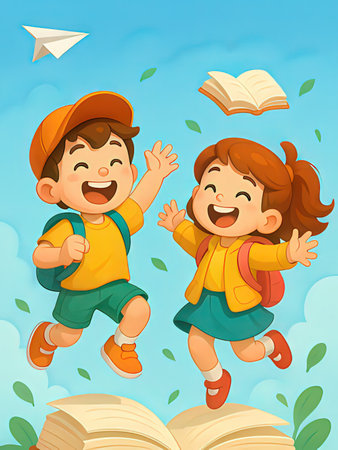 Happy kids playing with books and paper airplane flying in the sky illustrationの写真素材