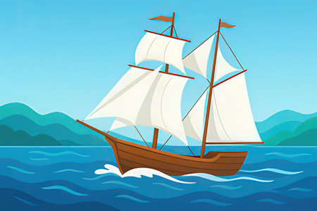 Sailing ship in the sea. Vector illustration. Eps 10.