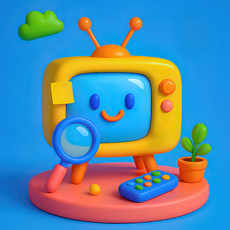 3d rendering of a cartoon TV character with a magnifying glass and a remote controlの写真素材