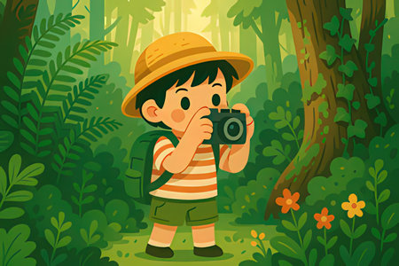 Boy with a camera in the forest. Vector illustration in cartoon style.の写真素材