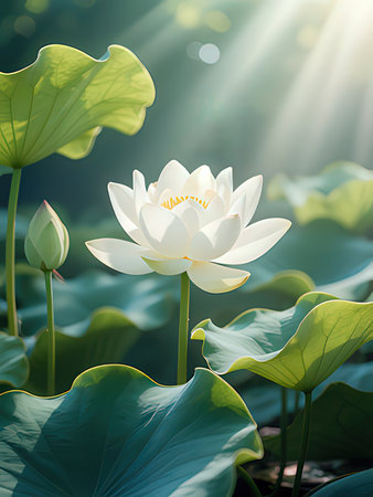 Lotus flower blooming in the pond with sunlight and green leavesの写真素材